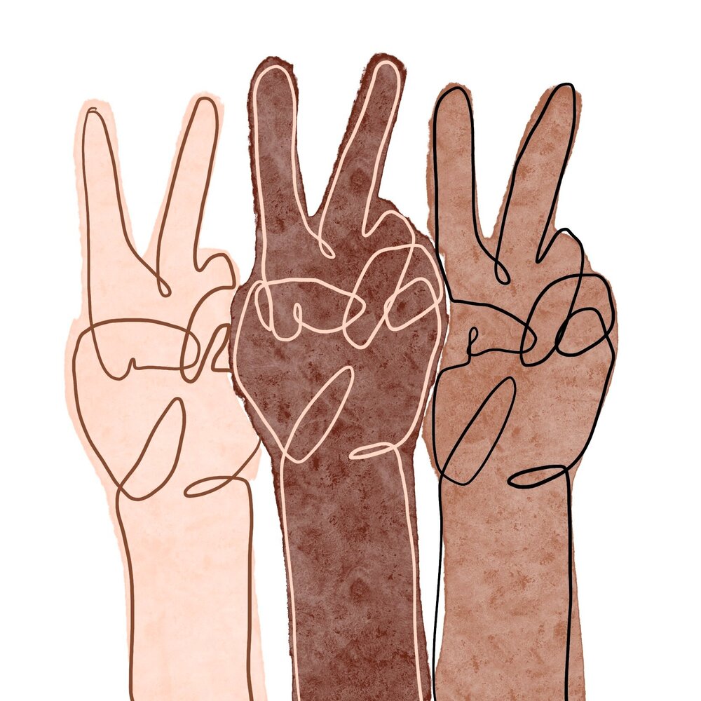 Multi cultural hands showing the peace sign