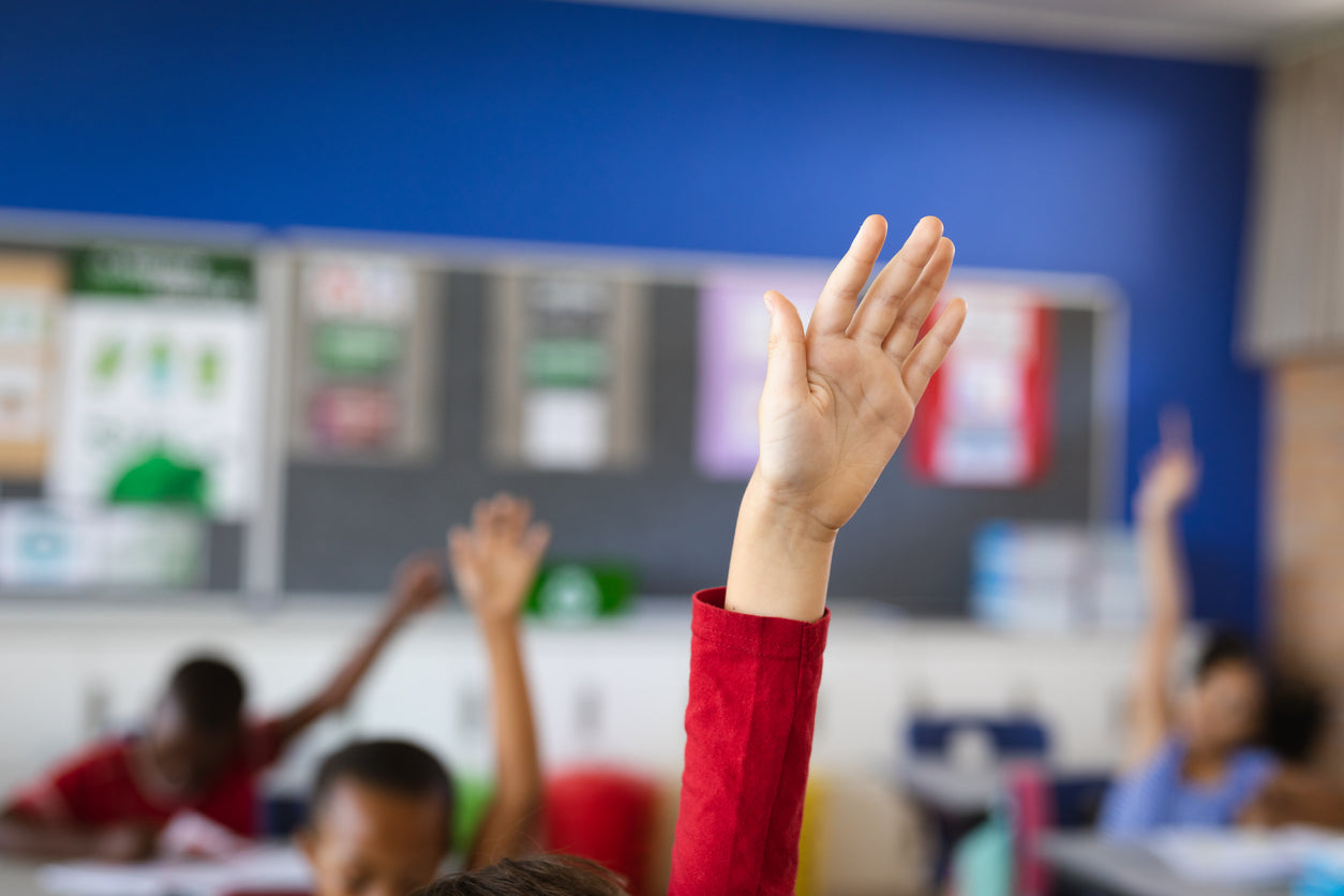 Child with their hand up in a classroom