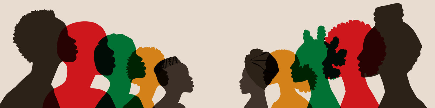 Silhouettes of diverse faces in various colors against a neutral background.