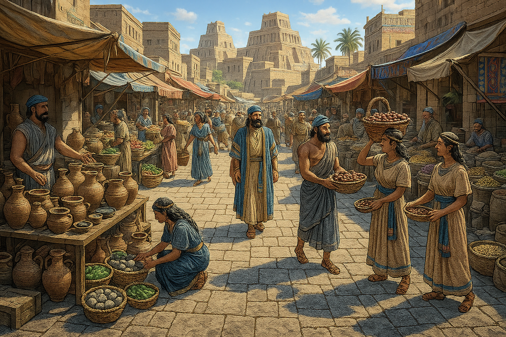 Ancient marketplace with vendors, customers, and various goods for sale.
