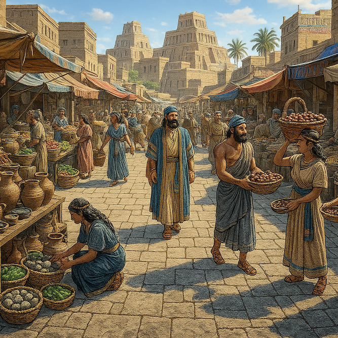 Ancient marketplace with vendors, customers, and various goods for sale.