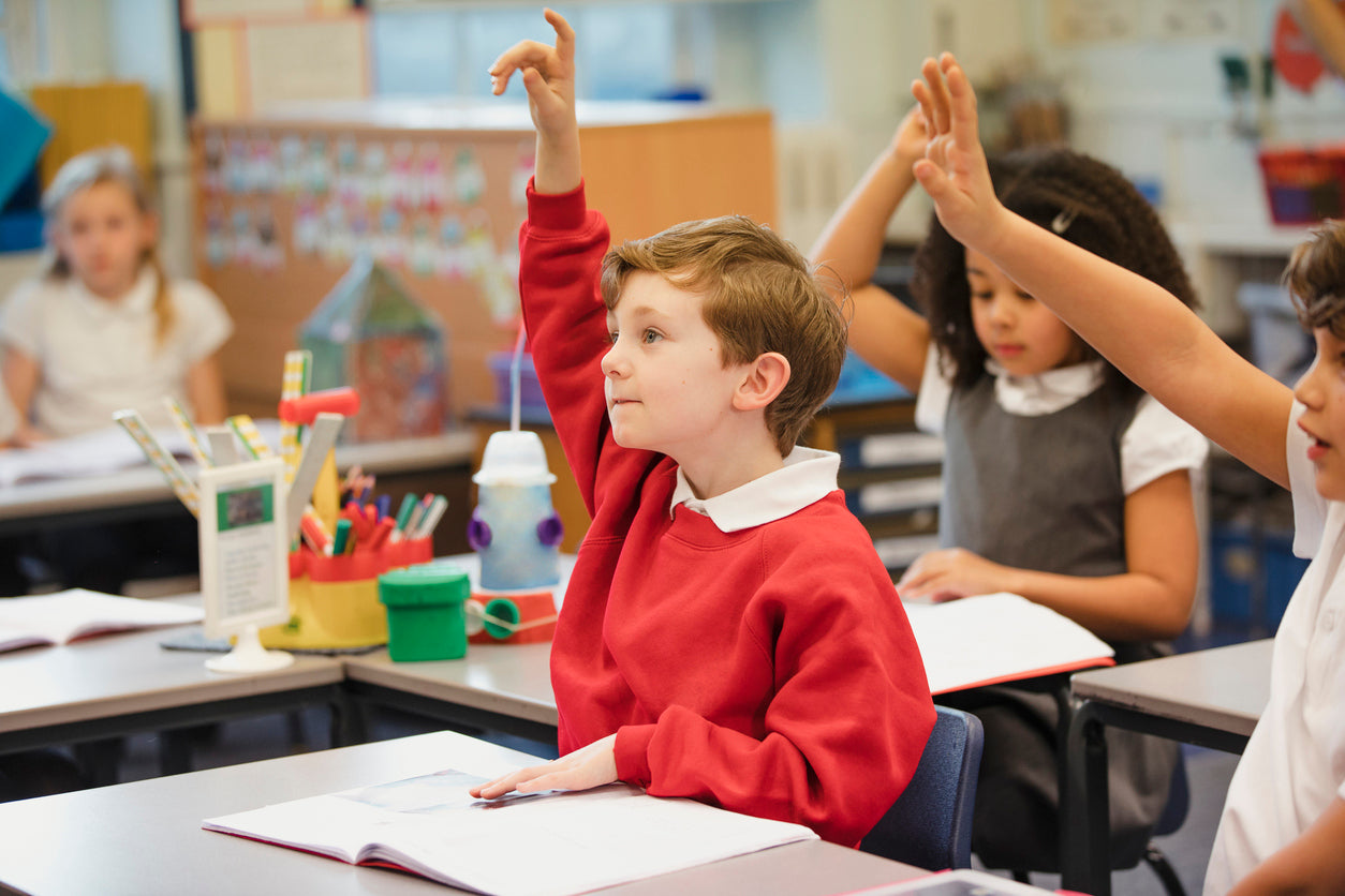 Students raising hands in a classroom setting.