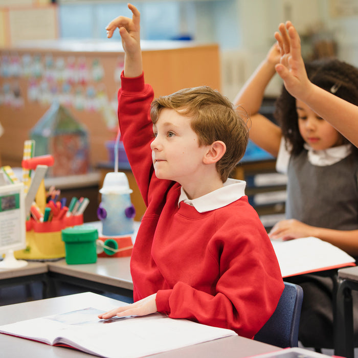 Students raising hands in a classroom setting.
