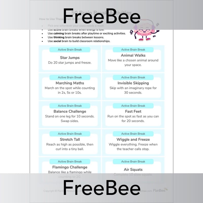 PlanBee 50 Brain Break Activity Cards for KS1 & KS2 | Free Download