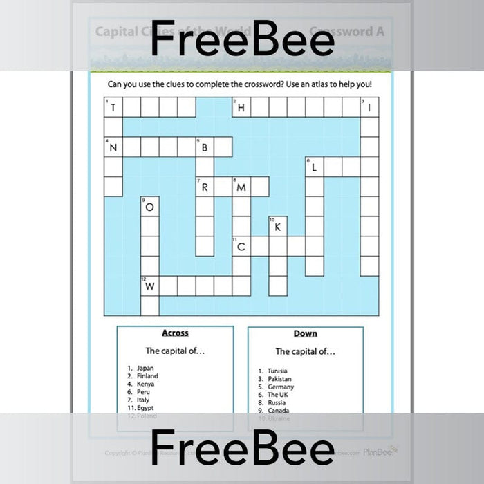 PlanBee Free Capital City Crossword Puzzle Printables by PlanBee