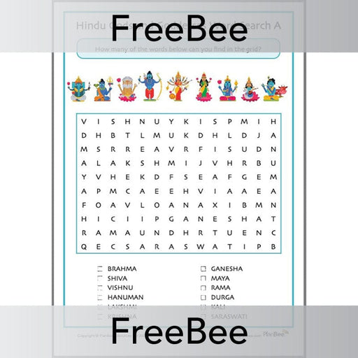 PlanBee Free Hindu Gods and Goddesses Word Search by PlanBee