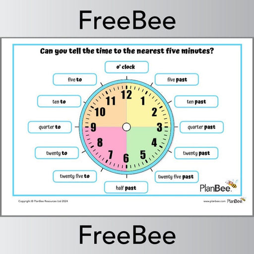 PlanBee Maths Poster: Telling the Time to 5 Minutes | PlanBee FreeBees