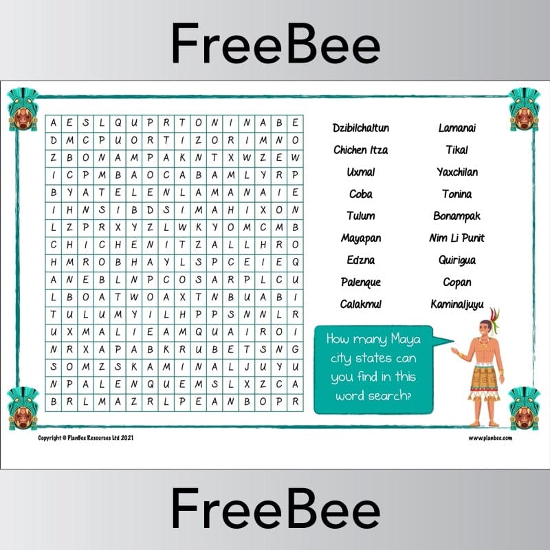 PlanBee FREE Mayan Word Search City States by PlanBee