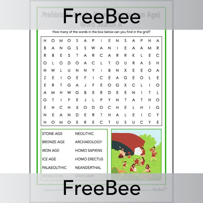 PlanBee Free Prehistoric Britain Stone Age Word Search by PlanBee