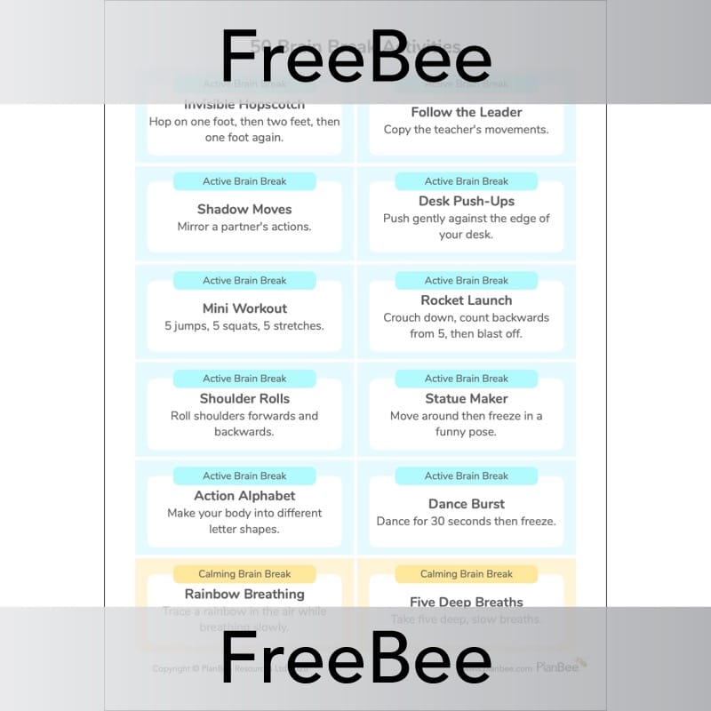 PlanBee 50 Brain Break Activity Cards for KS1 & KS2 | Free Download