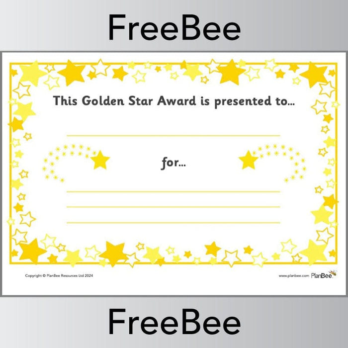 PlanBee Free PDF Gold Star Award Certificate by PlanBee