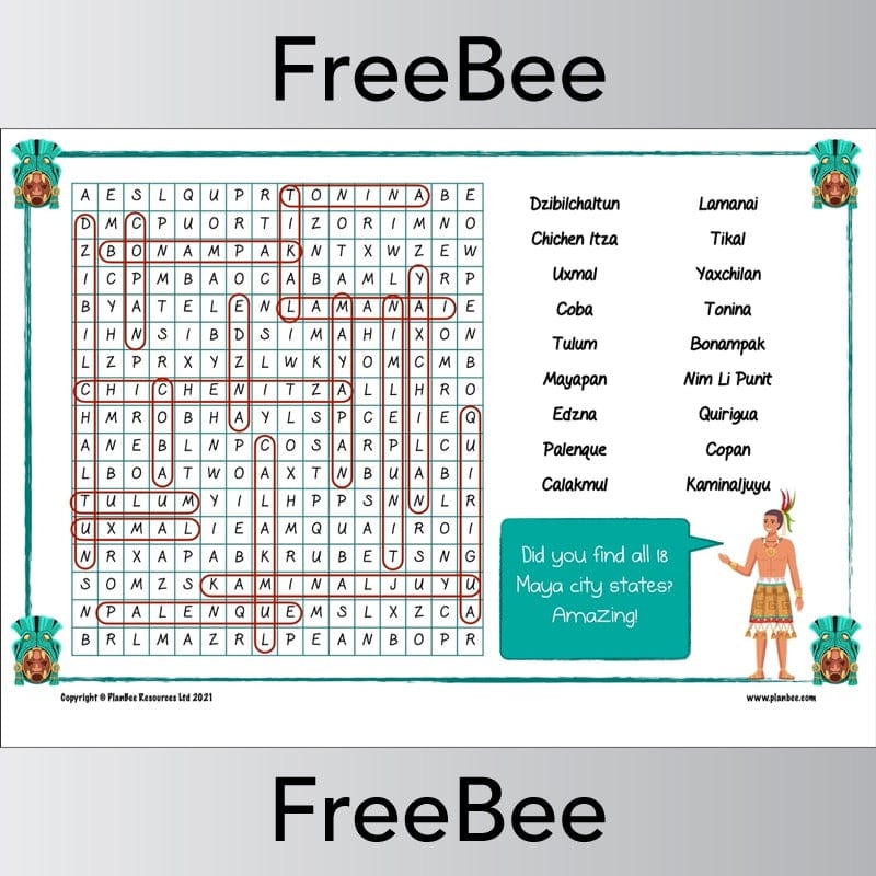 PlanBee FREE Mayan Word Search City States by PlanBee