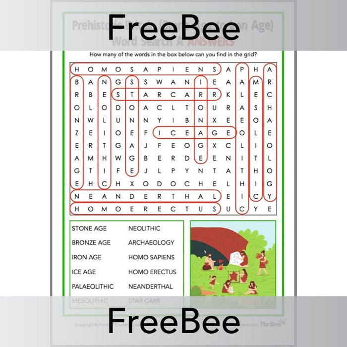 PlanBee Free Prehistoric Britain Stone Age Word Search by PlanBee