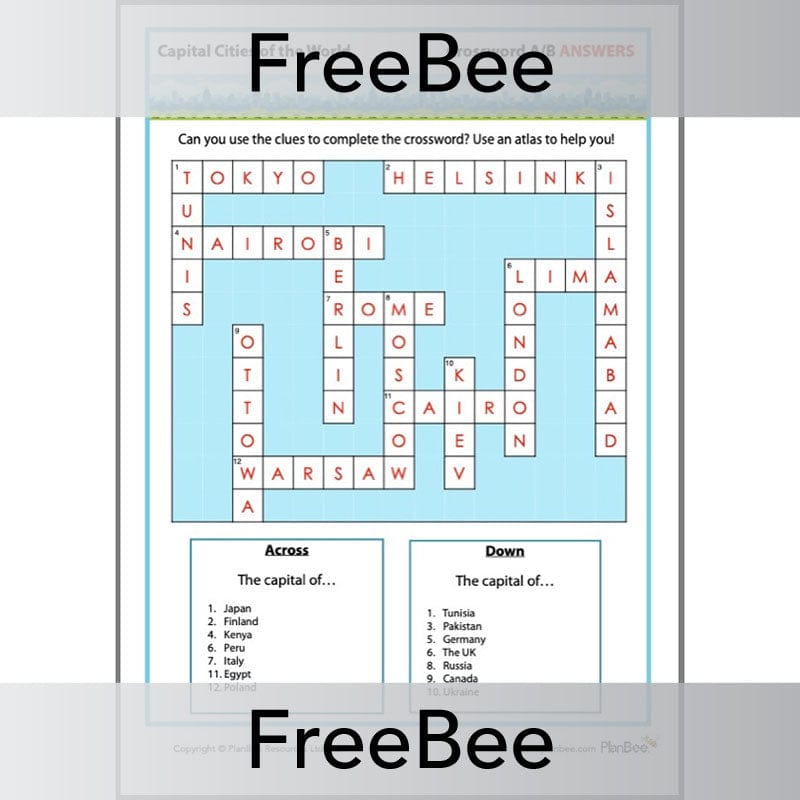 PlanBee Free Capital City Crossword Puzzle Printables by PlanBee