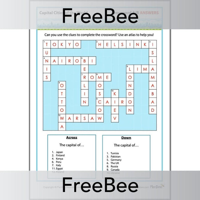 PlanBee Free Capital City Crossword Puzzle Printables by PlanBee