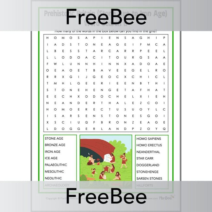 PlanBee Free Prehistoric Britain Stone Age Word Search by PlanBee