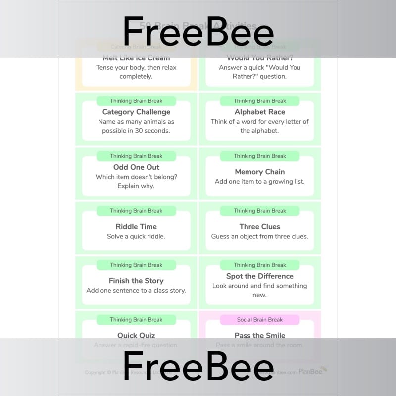 PlanBee 50 Brain Break Activity Cards for KS1 & KS2 | Free Download