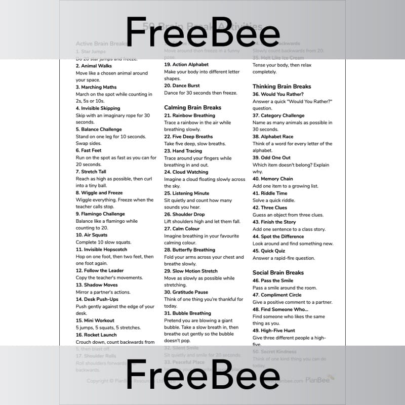 PlanBee 50 Brain Break Activity Cards for KS1 & KS2 | Free Download