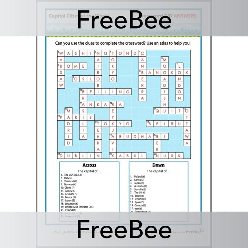 PlanBee Free Capital City Crossword Puzzle Printables by PlanBee
