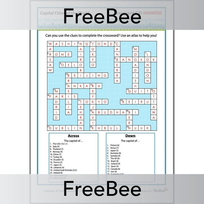 PlanBee Free Capital City Crossword Puzzle Printables by PlanBee