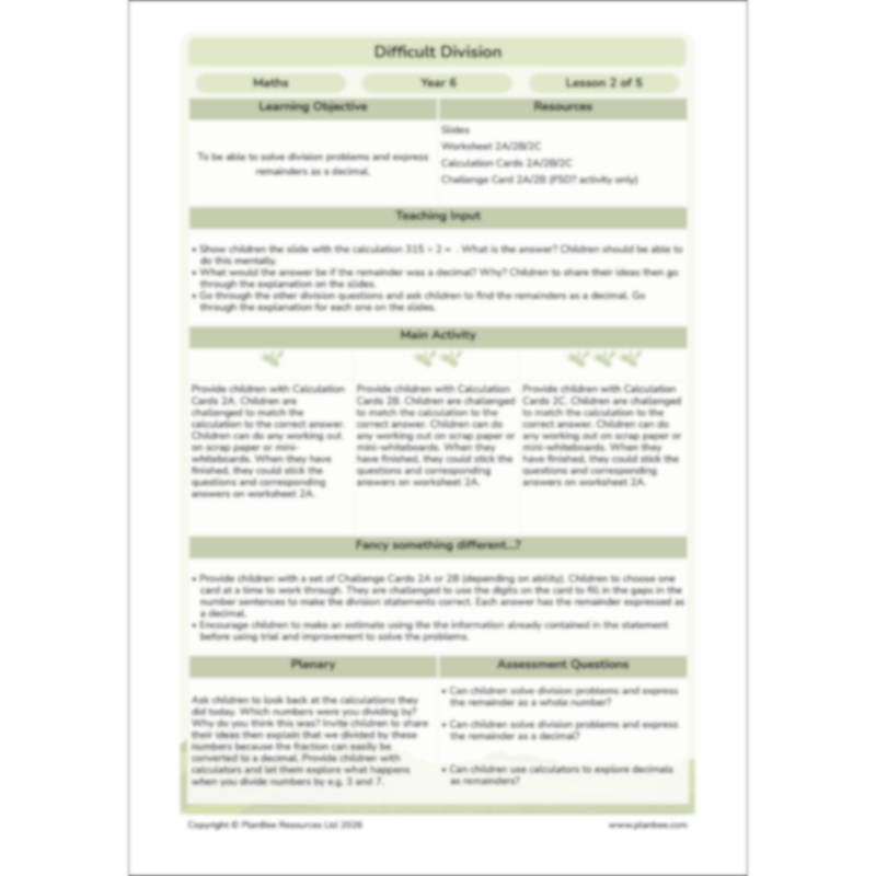 PlanBee Division Year 6 Maths Lessons and Worksheets by PlanBee