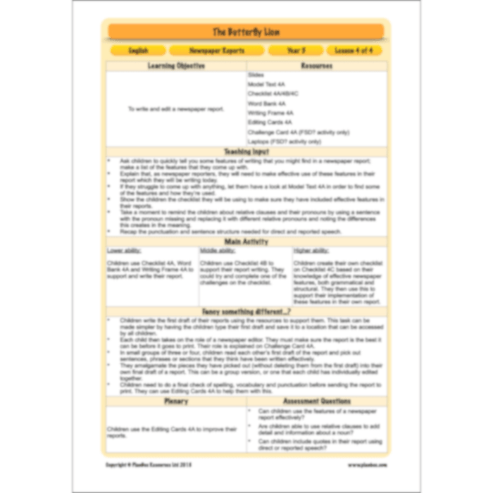PlanBee The Butterfly Lion: Newspaper Reports KS2 English Pack