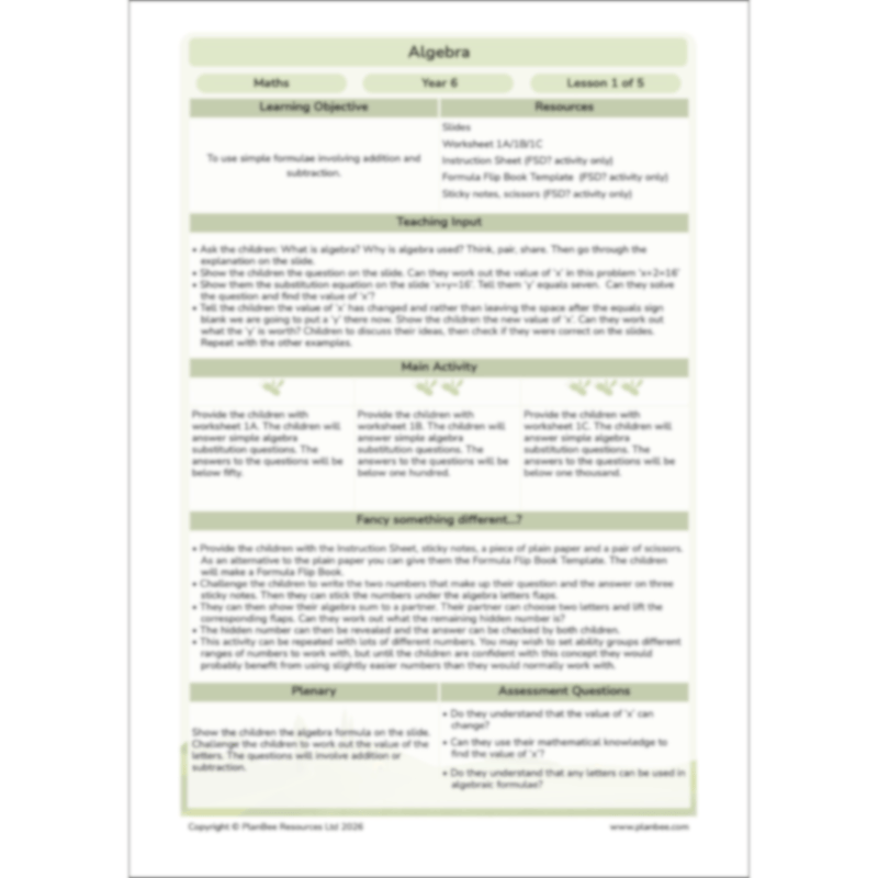 PlanBee Algebra: simple algebra lesson planning for Year 6