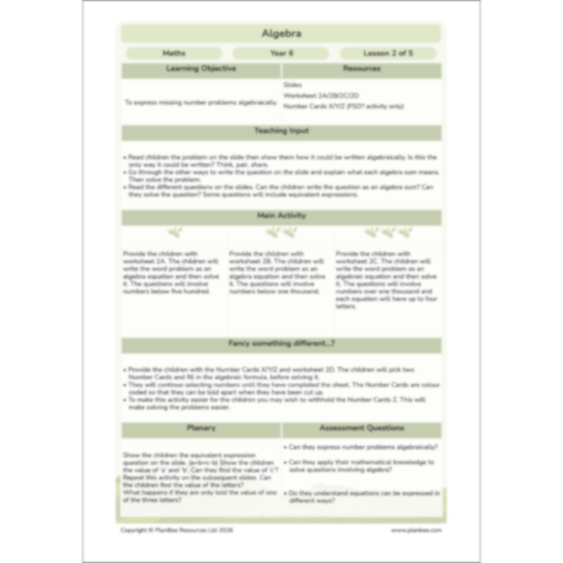 PlanBee Algebra: simple algebra lesson planning for Year 6