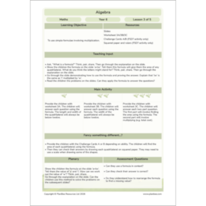 PlanBee Algebra: simple algebra lesson planning for Year 6
