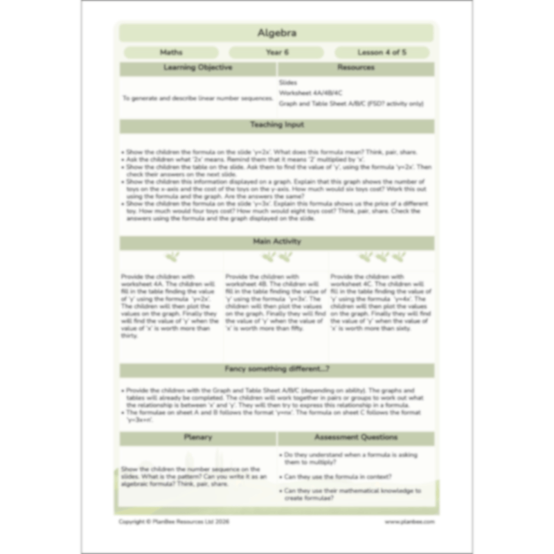 PlanBee Algebra: simple algebra lesson planning for Year 6