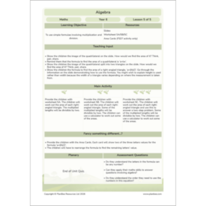 PlanBee Algebra: simple algebra lesson planning for Year 6