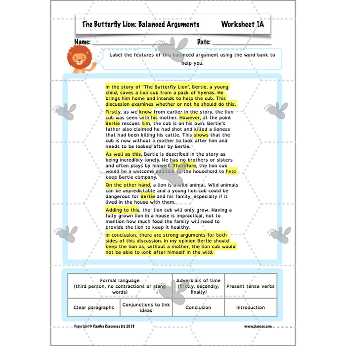 PlanBee The Butterfly Lion: Balanced Arguments KS2 Lesson Pack