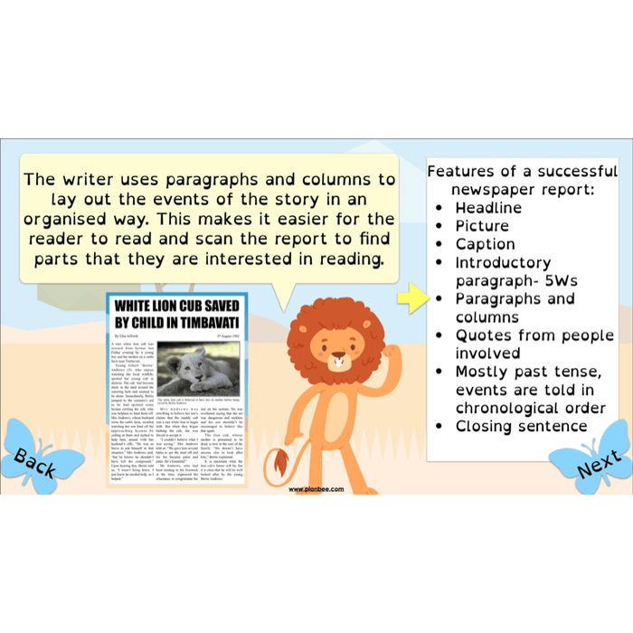 PlanBee The Butterfly Lion: Newspaper Reports KS2 English Pack