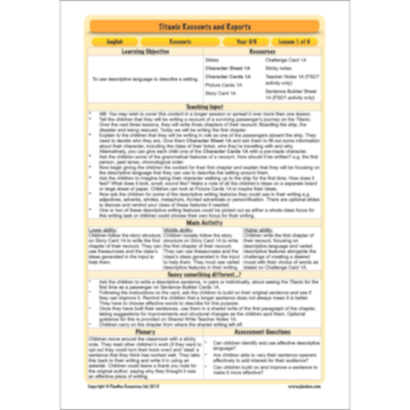 Titanic Recounts and Reports English KS2 Lesson Pack — PlanBee