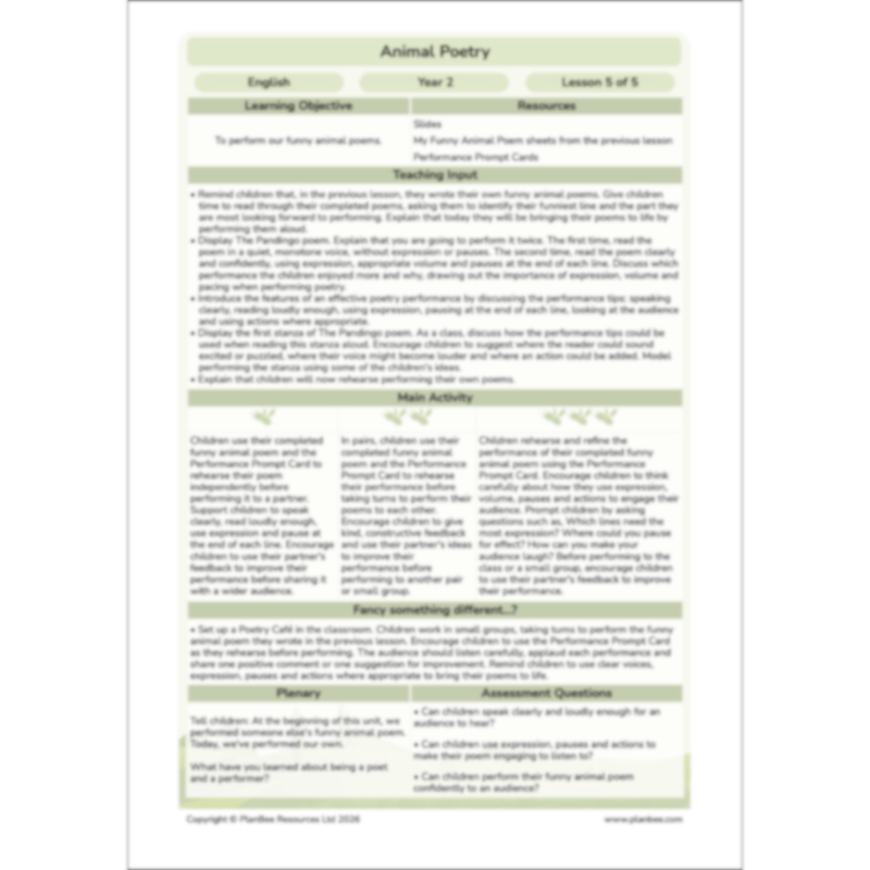 PlanBee Animal Poetry KS1 English Lesson Pack