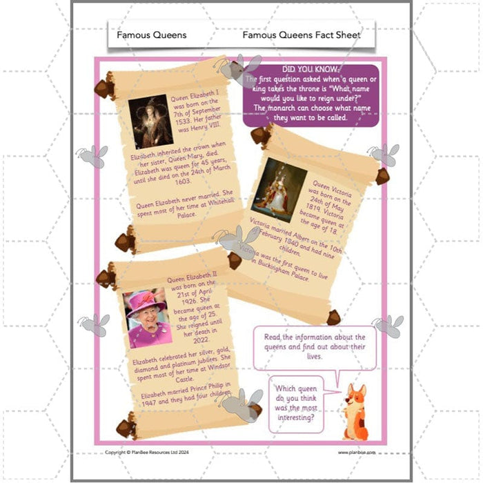 PlanBee Famous Queens | KS1 History Lesson Pack by PlanBee