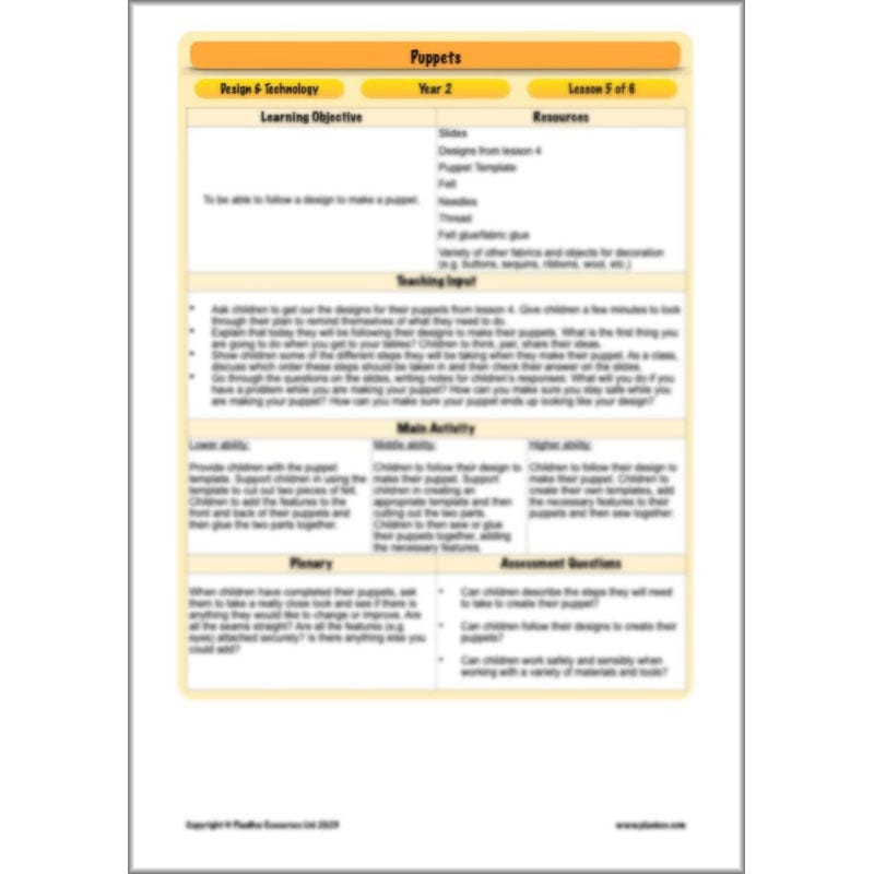 PlanBee Puppets KS1 DT Lesson Planning Pack for Year 2 by PlanBee