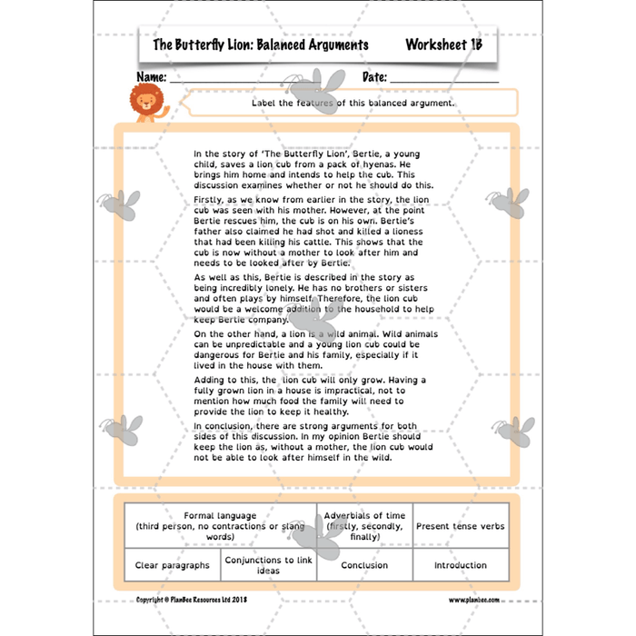 PlanBee The Butterfly Lion: Balanced Arguments KS2 Lesson Pack