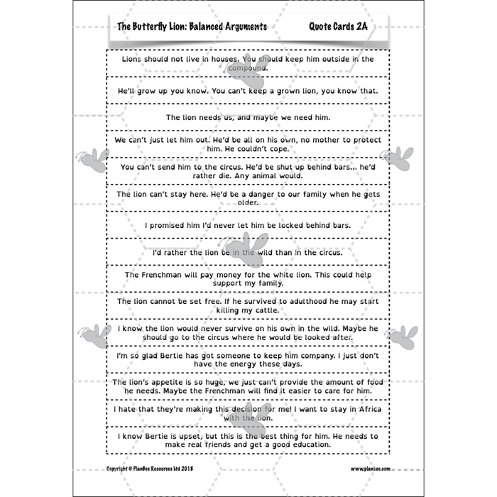 PlanBee The Butterfly Lion: Balanced Arguments KS2 Lesson Pack
