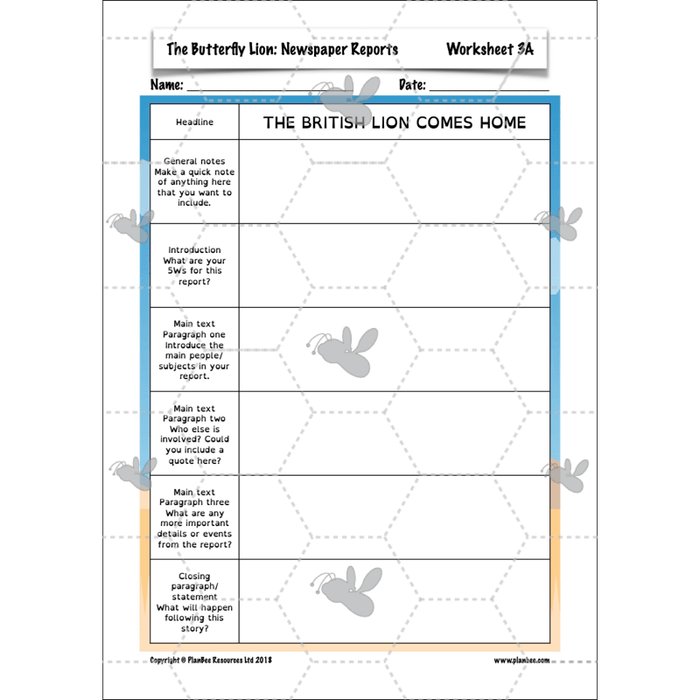 PlanBee The Butterfly Lion: Newspaper Reports KS2 English Pack