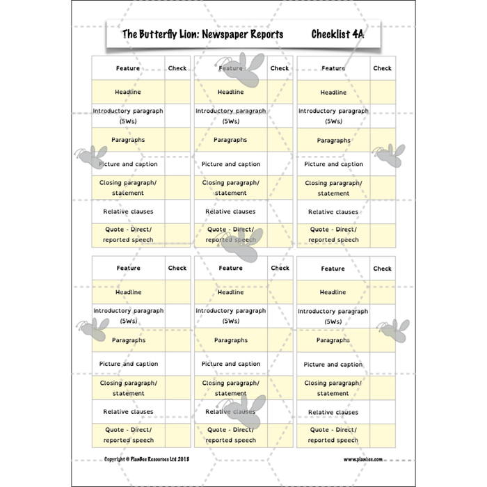 PlanBee The Butterfly Lion: Newspaper Reports KS2 English Pack