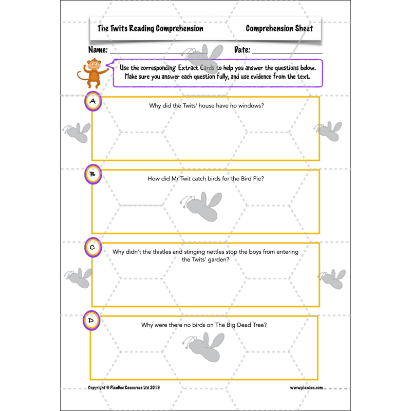 PlanBee The Twits Reading Comprehension KS2 | Year 4 English Pack