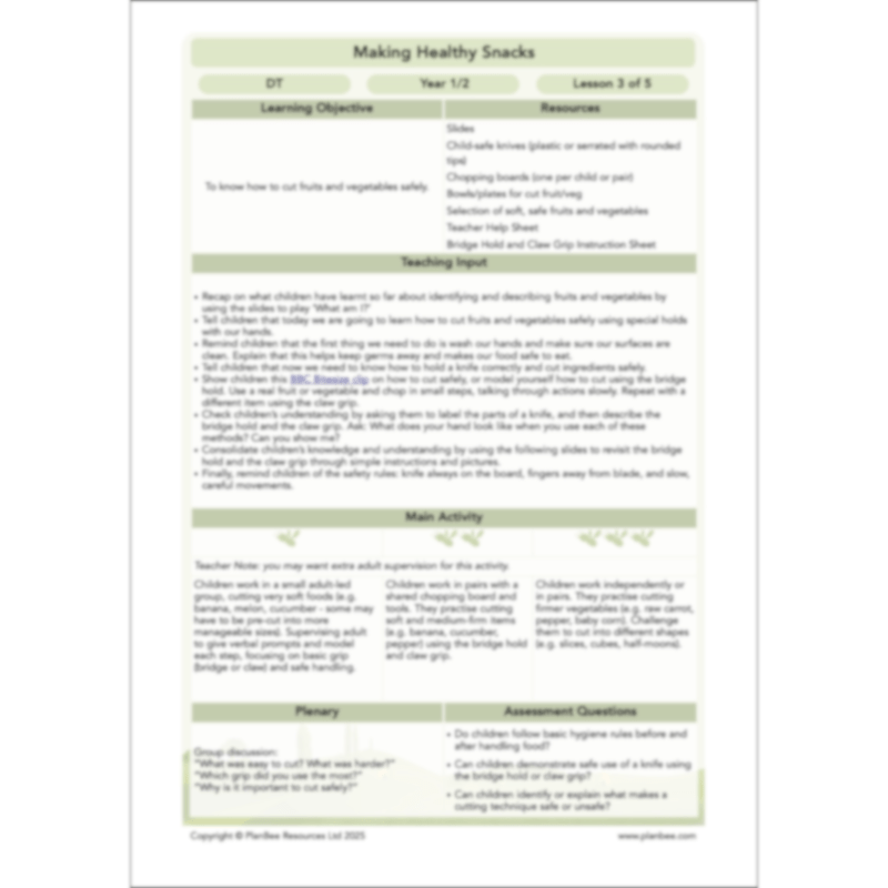 PlanBee Making Healthy Snacks | KS1 DT Lesson Pack