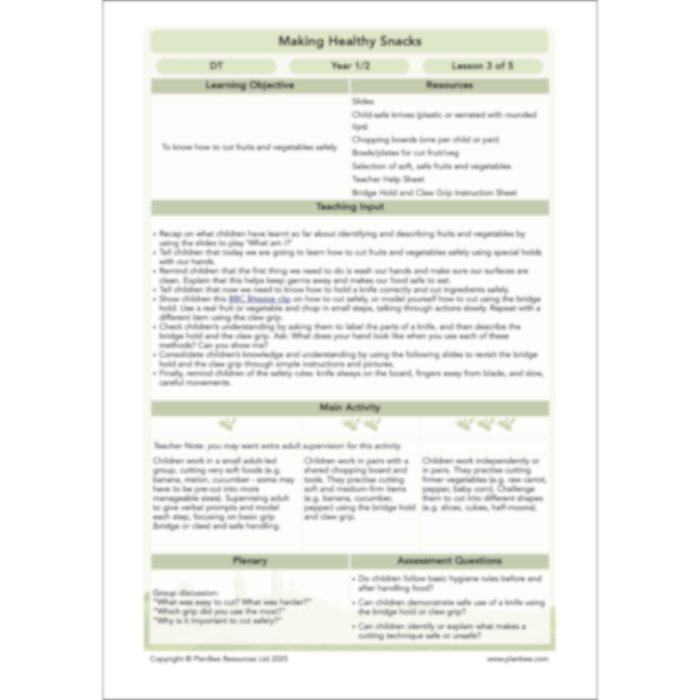 PlanBee Making Healthy Snacks | KS1 DT Lesson Pack