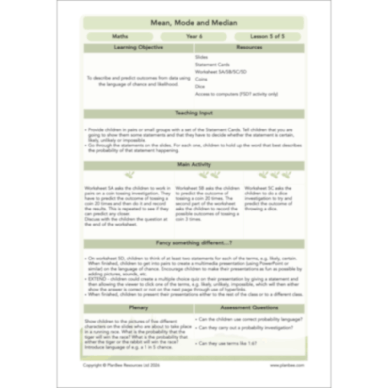 PlanBee Mean Median and Mode Year 6 Maths by PlanBee