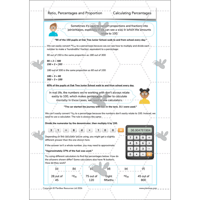PlanBee Ratio, Percentages and Proportion: Year 6 Maths