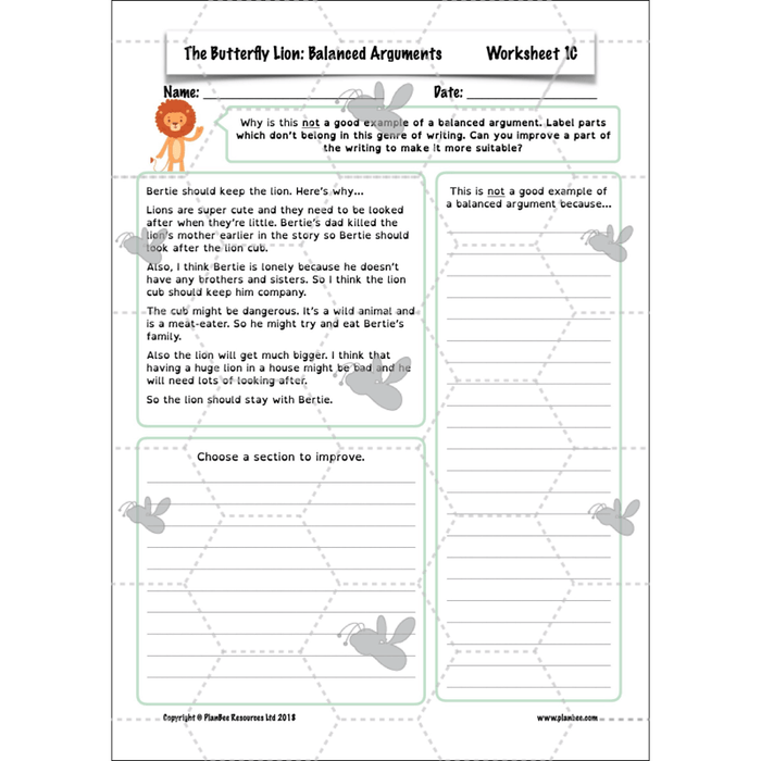 PlanBee The Butterfly Lion: Balanced Arguments KS2 Lesson Pack