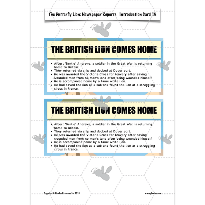 PlanBee The Butterfly Lion: Newspaper Reports KS2 English Pack