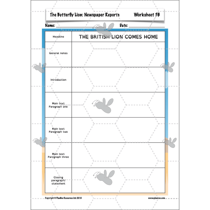 PlanBee The Butterfly Lion: Newspaper Reports KS2 English Pack