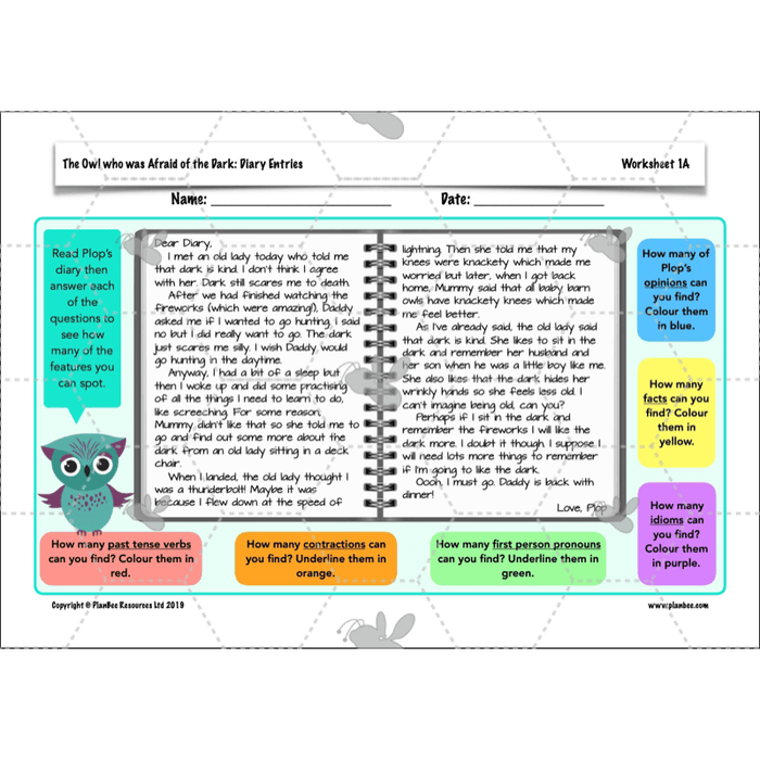 PlanBee FREE | The Owl who was Afraid of the Dark | Diaries KS2